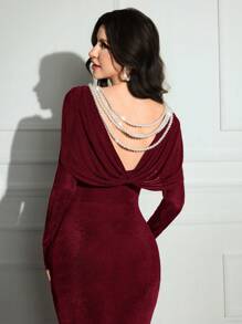 Modelyn Women Faux Pearl Decor Long Sleeve Fitted Elegant Dress Dresses For Wedding Event - Burgundy - View 3