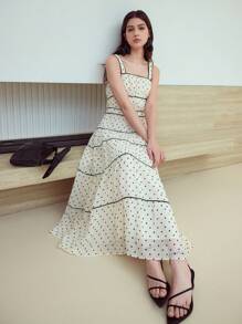 MOTF STUDIO 优雅对比波尔卡圆点长裙，适合日常和度假穿着 - 杏色 - 查看 1