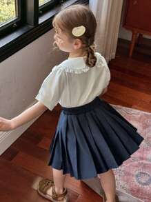 DAZY 2 Stück Mädchen Lässig Set mit Kragenshirt mit Schleifen-Dekor und plissiertem Rock, Mädchen Sommer Outfits