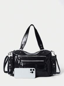 SHECARRY Vintage Motorcycle Bag High-Quality Tote Bag, Casual Commuter Punk Style Unisex Zipper Shoulder Crossbody Handbag