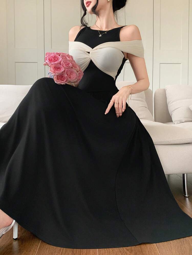 Women's Elegant Color Block Off Shoulder A-Line Dress, Summer Maxi Dress