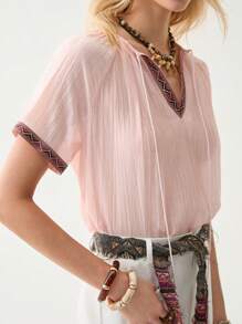 Florisole Women Solid Color Bohemia Vacation Casual Blouse, Spring/Summer