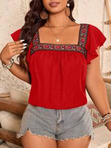 Breezaya Plus Size Women Red Sequin,Summer,Boho,Vacation,Holiday Blouse,Textured Square Collar Ribbon Cap Sleeve Colorful Embroidered Elegant Artistic Top - Red - View 3