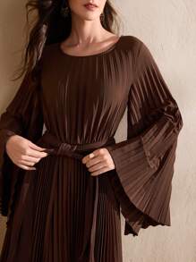 Graceveil Vestido elegante de estilo árabe modesto con cuello redondo, mangas plisadas y con vuelo, y bajo asimétrico, para primavera/verano - Marrón - Ver 5