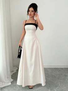 Elenzga Vestido camisero maxi de mujer con cintura fruncida y contraste de colores - Albaricoque - Ver 3