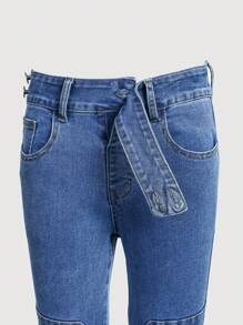 Tween Girls Retro Blue Skinny Flared Jeans, Elastic Waist Multi-Pocket Design Cargo Pants For Summer - Dark Wash - View 7