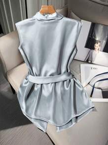 Franclia French Style Solid Color Wrap Around Tie Waist Sleeveless Elegant Blouse