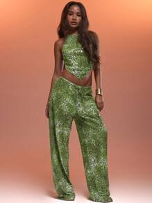 MUSERA Sequin Halter Neck Tie Back Sequin V Hem Top Only Sexy Ibiza Fits Spring Summer Vacation Beach Holiday Festival Rave - Green - View 5