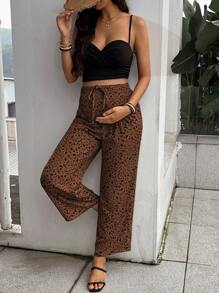 SHEIN Maternity Floral Print High Waist Loose Fit Flared Leg Pants, Spring/Summer - Brown - View 4