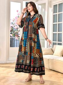 SHEIN Lacomfia فستان كاجوال للنساء ذوات الحجم الكبير بياقة على شكل V وأكمام قصيرة، مطبوع بأشكال متعددة الرموز