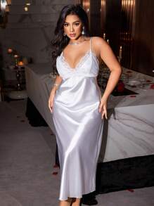 SHEIN Plus Size Women's Sexy Lace Patchwork Backless Nightgown - White - View 5