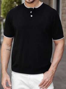 Manfinity Homme Camisa de punto de manga corta con botones y ribete de contraste para hombre, ideal para el verano