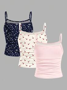 SHEIN Girlism 3 件装青少年女孩修身休闲碎花、蝴蝶结、迷你樱桃印花褶饰吊带背心，奶油白、淡粉色和海军蓝 - 彩色 - 查看 2