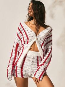 Easelle Bộ 2 món áo len cardigan sọc đỏ trắng khoét rỗng dành cho kỳ nghỉ dành cho nữ và quần short - Nhiều màu - Xem 2