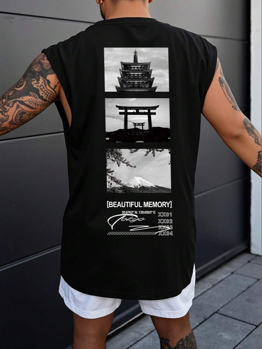 Manfinity Homme This Black Sleeveless T-Shirt Features A Print On The Back Depicting Iconic Japanese Architecture And Mount , Accompanied By The Text "BEAUTIFUL MEMORY", Evoking Memories Of Joyful Travel Experiences. The Relaxed Fit And Comfortable Material Make It Suitable For Casual Or Athletic Wear, Allowing You To Express Your Personal Style While Enjoying The Allure Of International Flair. - Black - View 1