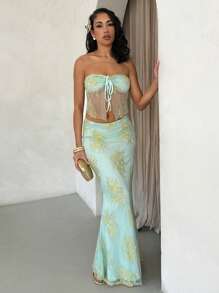 Glamine 蕾丝吊带背心上衣和半裙两件套，性感优雅的日常、度假、派对、春夏海滩休闲装。 - 綠色 - 查看 5