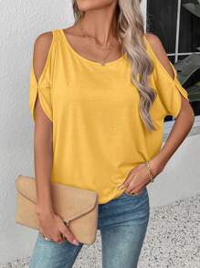 EMERY ROSE Summer Casual Solid Color One-Shoulder Round Neck Short Sleeve T-Shirt - Coral Orange - View 5