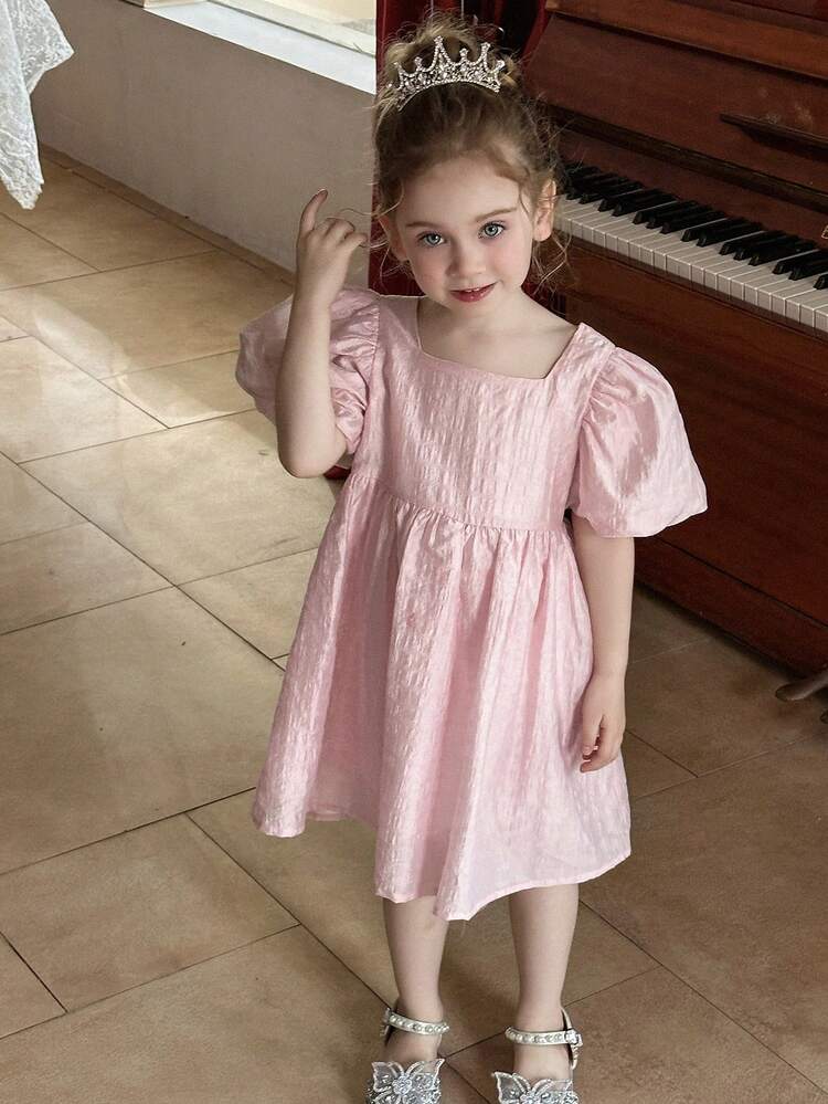 Girls Peter Pan Collar Puff Sleeve Short Dress, Summer