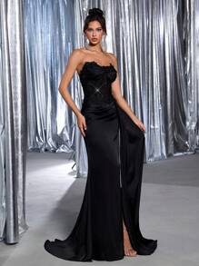 Glamrae Elegante y hermoso vestido de fiesta con encaje rojo con lentejuelas, sección de cintura retorcida, abertura sexy con cola de sirena con cinta, adecuado para citas, fiestas, ceremonias de graduación, ocasiones formales, cenas, bodas, Día de San Valentín - Negro - Ver 7