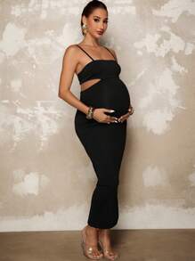 MaterniChic 孕妇性感纯色露背吊带紧身连衣裙 - 黑色 - 查看 1