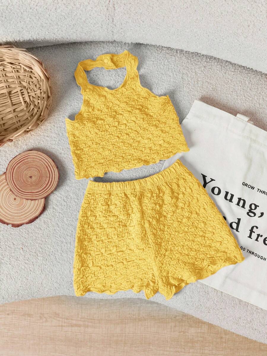 SHEIN Bộ đồ liền thân liền thân màu trơn co giãn dễ thương cho bé gái và quần short cạp chun - Màu vàng - Xem 1