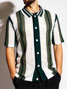 Manfinity Homme Men's Summer Color Block Striped Front Button Short Sleeve Hollow Knitted Top Vintage Tees Men Men Crochet Shirt - Dark Green - View 4