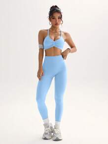 SHEIN Sport Studio Set da donna con canottiera plissettata e leggings a tinta unita, da sport