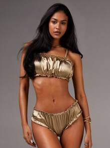 Athîral Women Solid Color Ruffle Trim Tankini Top - Gold - View 3