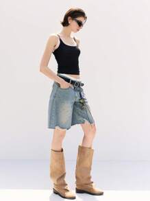 LYSMO Pantaloncini di jeans casual e morbidi da donna con decorazioni di strass, tasche e frange sul bordo