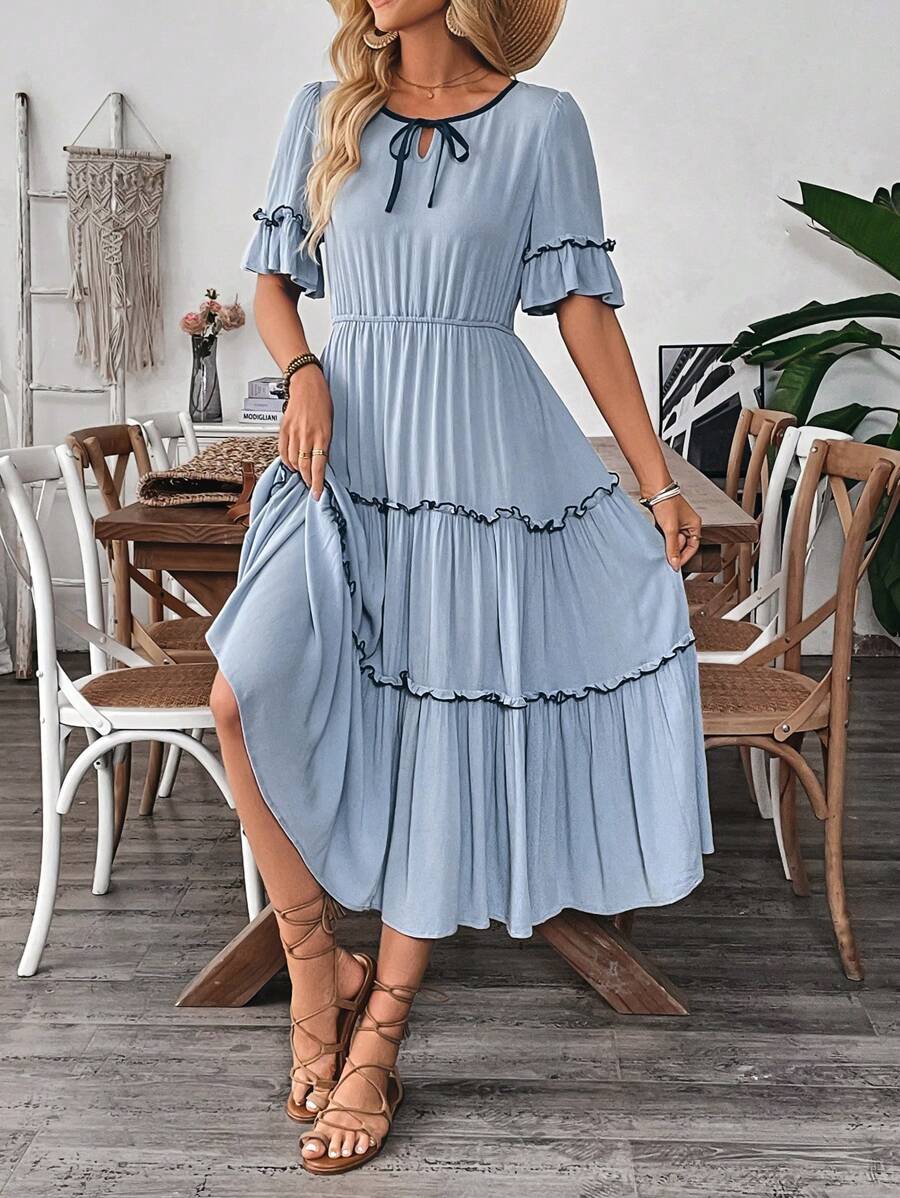 Breezaya Women's Casual Vacation Round Neck Contast Trim Ruffle Sleeve Dress, Spring/Summer - Blue - View 1