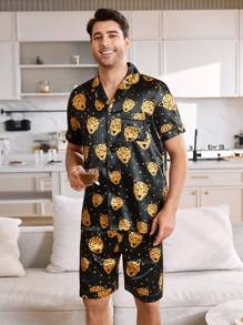 CoupledUp Fashionable Leopard Print Satin Cardigan Set For Men, Loungewear - Multicolor - View 3