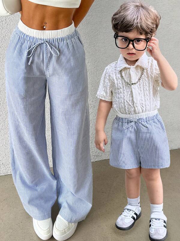 SHEIN Babyboy Babygirl Cute Casual Summer Versatile Blue & White Striped Elastic Waist Shorts, Mother's Day/Mommy&Me Outfit (2 Pieces Sold Separately)