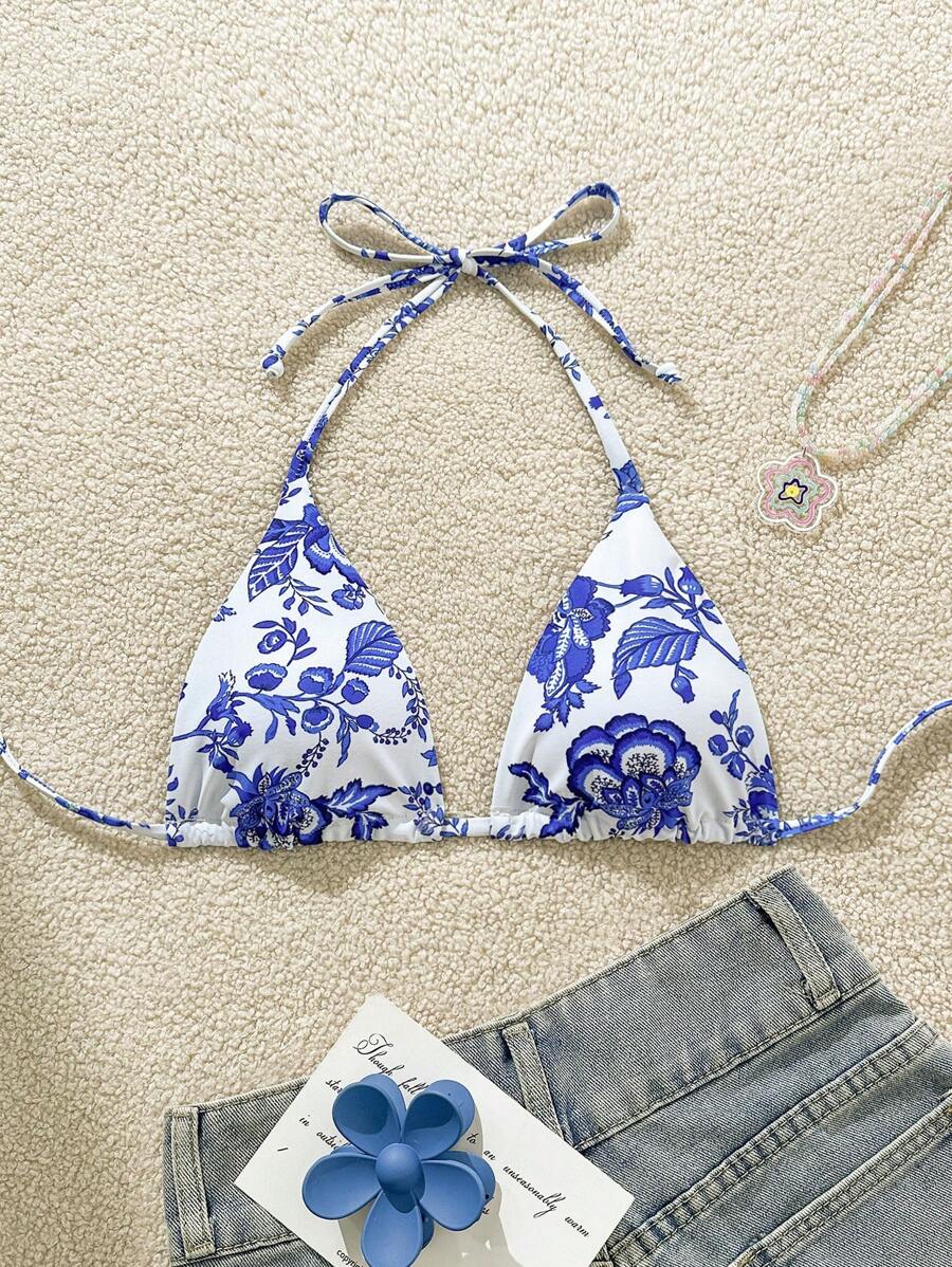 Swim Vcay Random Floral Print Halter Tie Front Bikini Top - Cadet Blue - View 1