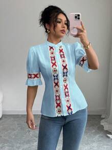 Elenzga Blouse décontractée de vacances pour femmes, à manches bouffantes, avec patchwork de sangle - Bleu azur - Voir 5