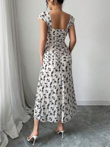 Elenzga New Arrival Women's Square Neck Floral Print Sheer Mesh V-Waist A-Line Ruched Dress, Elegant For Dating, Travel, Waist Cinching, Figure Flattering