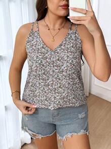 SHEIN Frenchy Plus A Line Shoulder Straps Ditsy Floral Print Cami Top - Blue - View 3