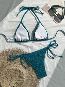 Swim Vcay Solid Color Halter Twist Bikini Two Pieces Swimwear, Suitable For Summer - Blue - View 2