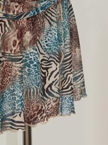 SHEIN ICON Women's Plus Leopard Print Ruched Waist Side Slit A-Line Mini Skirt, Suitable For Party, Date, Street, Vacation, Music Festival, Beach, Summer - Multicolor - View 8