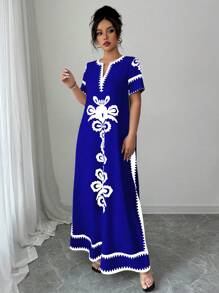 Elenzga 女士优雅撞色花卉印花长裙 - 寶藍色 - 查看 6