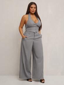 SHEIN SXY Conjunto de 2 piezas elegante y sexy para mujer talla grande para primavera y verano: Top de tirantes ajustado gris + Pantalones rectos de doble botonadura con cintura ancha a juego, apropiado para uso diario