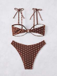 Swim Basics 2pcs Women's Black & White Polka Dot Print Twisted Front Tie Bikini Swimsuit Set, Casual Vacation Beachwear For Summer