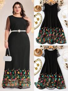 Modelyn Plus Size Women's Floral Embroidery Mesh Elegant Arabic Style Dress - Multicolor - View 1