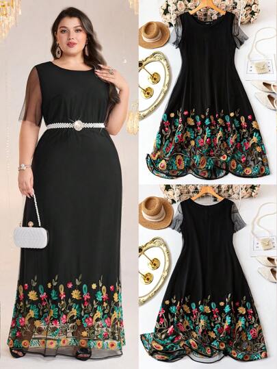 Modelyn Vestido elegante de estilo árabe con bordado floral de malla para mujer talla grande