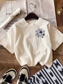 SHEIN EZwear Camiseta casual de mujer con estampado de letra de árbol de palma