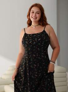 SHEIN EZwear Vestido Negro Largo Tipo Slip con Estampado Floral para Mujer Talla Grande, Ideal para el Verano