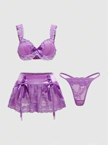 ROMWE Kawaii Satin Lace Patchwork Bowknot Underwire Sexy Lingerie Set - Purple - View 4