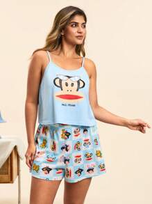 Paul Frank X SHEIN Conjunto de pijama de talla grande para mujer con top de tirantes con estampado de dibujos animados y shorts con estampado de cuadros, ropa de estar en casa de verano