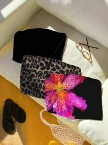 Attitoon 3-teiliges Set mit Leoparden-Muster, tropischem Blumenmuster & schwarzem Top, im Vintage Retro Stil, lässiger Urlaubsstil, sexy Stil, niedlicher Y2K Kokos-Mädchen Boho Musikfestival Stil, passend für Damen Oberteile im Sommer