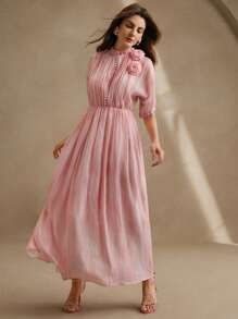 Anewsta Vestido de Tencel plisado con estampado floral teñido anudado, elegante diseño para primavera, festivales y bodas para mujeres - Rosa - Ver 5