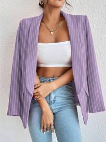 Chiquease Striped Pattern Large Lapel Minimalist Fashion Blazer - Purple - View 5